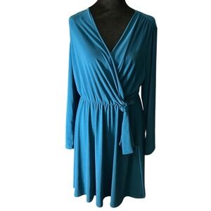 TASHSOPHIE Teal Blue Wrap Style Midi Dress Cold Shoulder‎ Tie Waist Petite Large